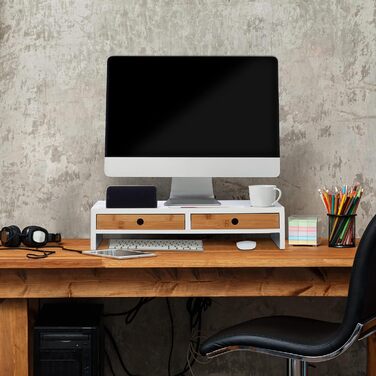 Relaxdays Monitorständer, 2 Schubladen, PC-Erhöhung, 12x56x27 cm, Bambus & MDF, weiß/Natur