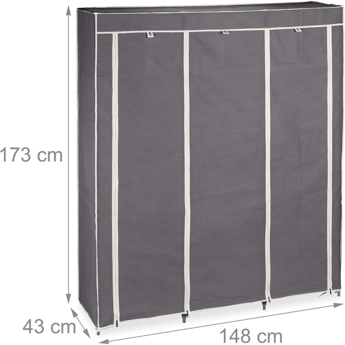 Relaxdays Stoffkleiderschrank, 9 Fächer, 2 Kleiderstangen, HBT: 173 x 148 x 43 cm, Camping, Keller, Faltschrank, anthrazit, Stoff