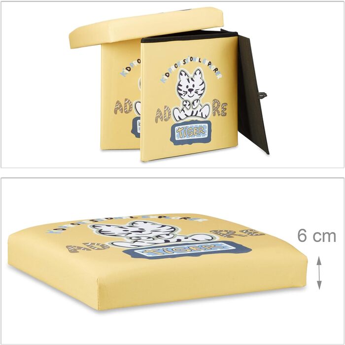 Relaxdays Sitzhocker für Kinder, faltbar, mit Stauraum, Aufbewahrungsbox mit Deckel, HxBxT 38 x 38 x 38 cm, (Tiger)