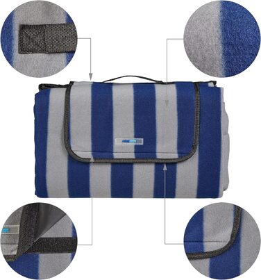 Relaxdays XXL Picknickdecke, 200x200, Fleece Stranddecke, wärmeisoliert, wasserdicht, Badedecke, Tragegriff, blau-grau