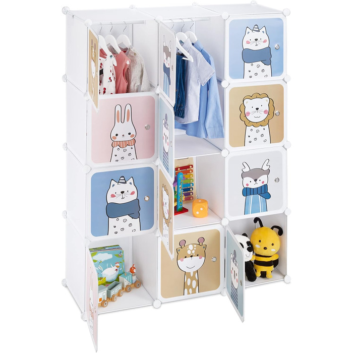 Relaxdays Steckregal Kinder, 2 Kleiderstangen, Türen mit Tierkindern, HBT: 145x110x37 cm, DIY Kinderkleiderschrank, weiß