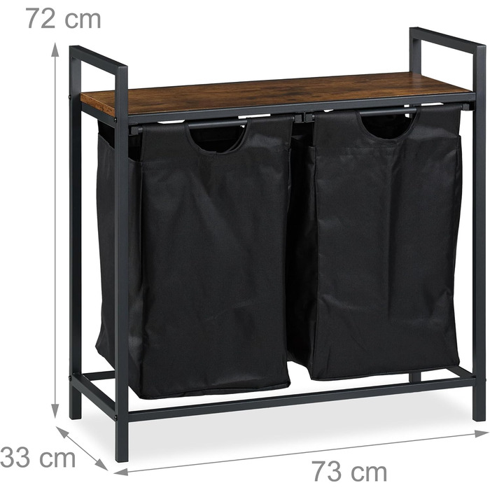 Relaxdays Wäschekorbregal, 72x73x33 cm, 2 ausziehbare Fächer, Wäschesammler Industrial, schwarz/braun