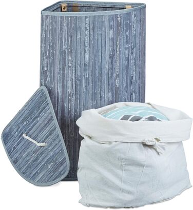 Relaxdays Eckwäschekorb, faltbar, 60 l, Baumwolle, HBT 65x49,5x37 cm, Grau, Bambusdeckel abnehmbar