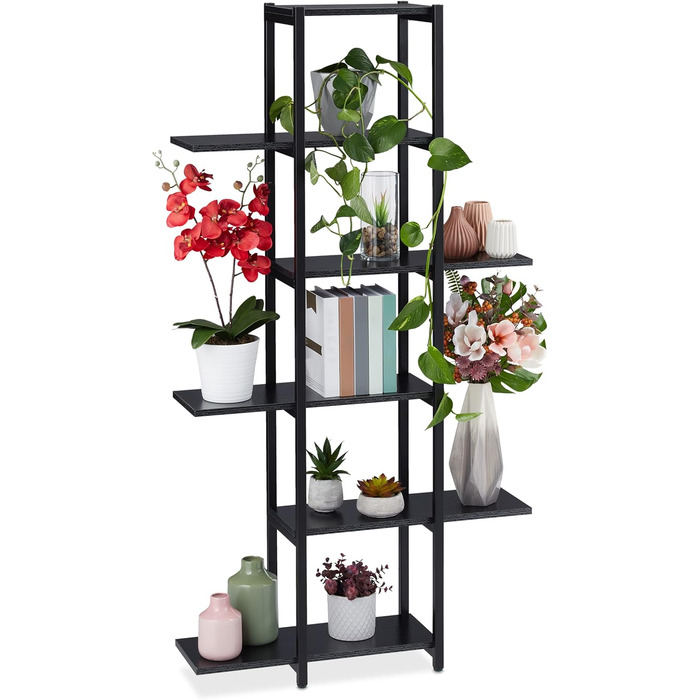 Relaxdays Pflanzenregal, 6 Ablagen, 150x78x24 cm, Stahl & MDF, innen, Schwarz