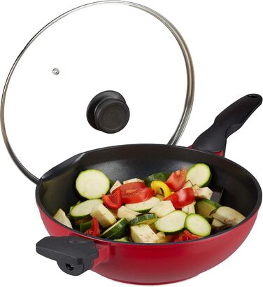 Relaxdays Wokpfanne mit Glasdeckel, 30 cm, Wok mit Antihaftbeschichtung, Gas- & Elektroherd, Griff, 4 Liter, rot/schwarz