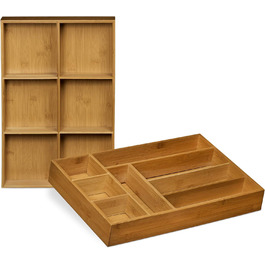Relaxdays Bambus Schubladeneinsatz 2er Set 6,5x30,5x46cm Küchenorganizer mit Trennwänden, Besteckkasten, natur