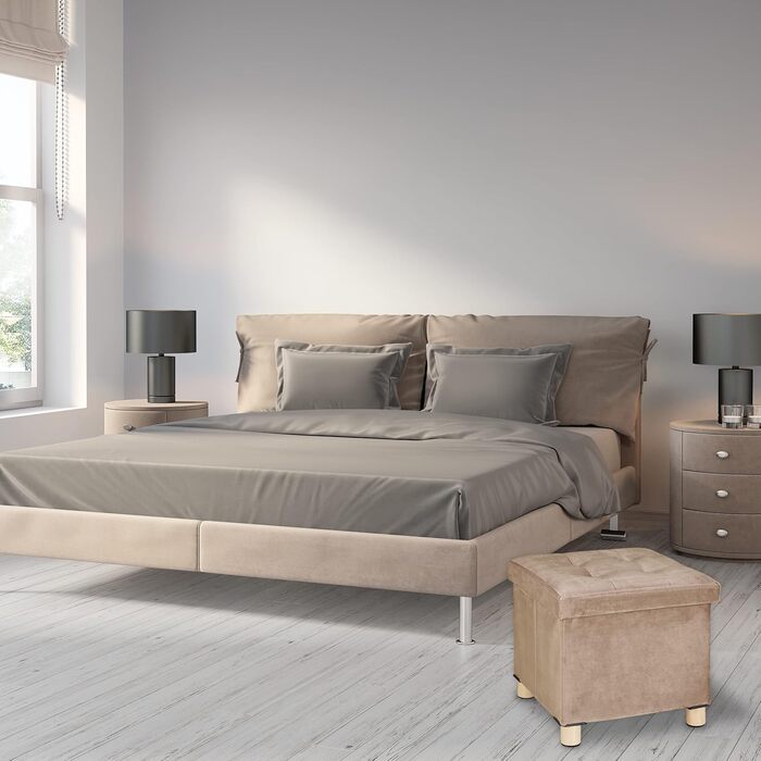 Relaxdays Samthocker mit Stauraum, Tablett, Holzbeine, eckig, 35x38x38 cm, Holz (Creme)