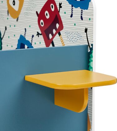 Relaxdays Kinderbett, HBT: 60x94x143 cm, Kleinkindbett mit Ablage, Rausfallschutz, Lattenrost, Monster-Motiv, MDF, bunt