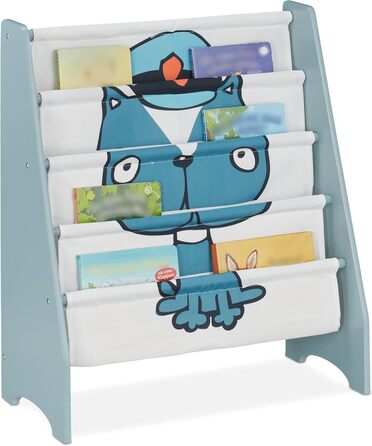 Relaxdays Bücherregal Kinder, HBT: 71 x 61,5 x 30 cm, Kinderbücherregal mit Hundemotiv, 4 Fächer, MDF & Stoff, blau/weiß