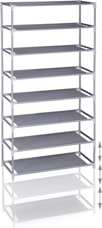 Relaxdays,  Stoff Schuhregal Stecksystem, 10 Ebenen, für 30 Paar Schuhe, Schuhständer hoch HxBxT 150 x 62 x 28 cm, 1 Stück (Grau)