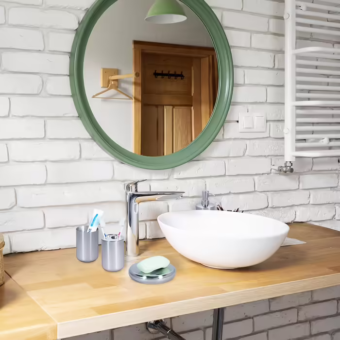 Relaxdays 5-tlg. Badezimmer Set, Edelstahl poliert, moderne Badaccessoires, Silber