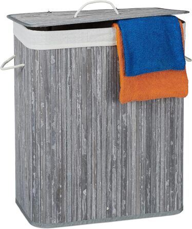 Relaxdays Wäschekorb Bambus, rechteckig, 2 Fächer, 95 l, faltbar, mit Deckel, (Grau)