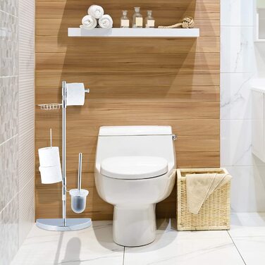 Relaxdays, Chrom Garnitur universal, Rollenhalter, WC-Bürste mit Behälter, Ablage, 360° drehbare Elemente, 86 cm hoch