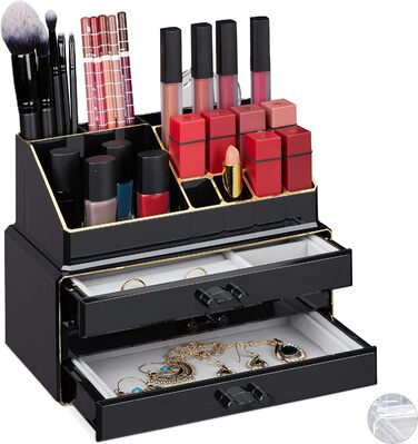 Relaxdays Make Up Organizer, 2-teilig, mit Schmuckkästchen, 3 Schubladen, Kunststoff, HBT 18,5x23,5x15 cm, schwarz-gold