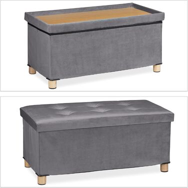 Relaxdays Sitzbank mit Stauraum, Samt, Holzfüße, bis 120 kg, faltbar, 34x76x38 cm, Anthrazit
