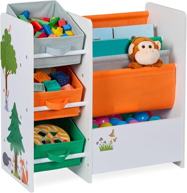 Relaxdays Kinderregal mit 3 Boxen, 4 Taschen, 1 Fach, HBT: 64x64x30 cm, Spielzeugregal Kinderzimmer, bunt