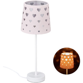 Relaxdays Nachttischlampe Kinder, Herzen, Stoff Lampenschirm, für Baby und Kind, Kinderlampe HxD: 43 x 16 cm, rosa-weiß, 1003