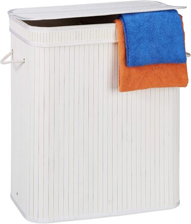 Relaxdays Wäschekorb Bambus, rechteckiger Wäschesortierer, 2 Fächer, mit Klappdeckel, platzsparend faltbar, 95 l, weiß