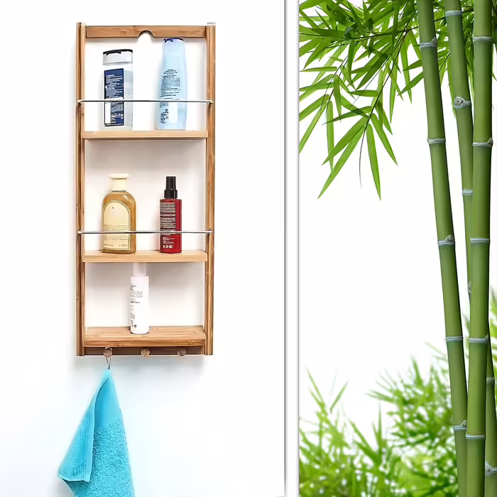 Relaxdays Duschregal mit 3 Ablagen H x B x T: ca. 70 x 28,5 x 10 cm Regal zum Einhängen mit 3 Haken für Handtücher oder Lappen als praktisches Hängeregal für Küche und Bad Duschablage aus Holz, natur Single