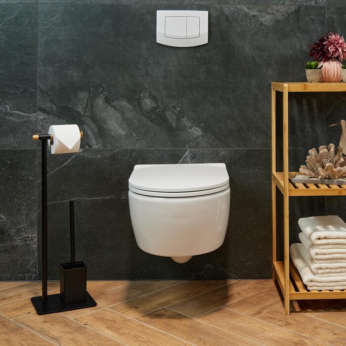 Relaxdays WC Garnitur, Bambus, Edelstahl, Klopapierhalter & Toilettenbürste mit Halter, schwarz/Natur