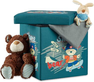 Relaxdays Sitzhocker für Kinder, faltbar, mit Stauraum, Aufbewahrungsbox mit Deckel, HxBxT 38 x 38 x 38 cm, Bär