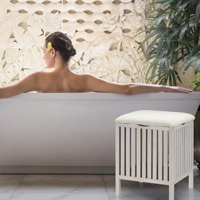 Relaxdays Wäschekorb mit Sitz, Badhocker, Landhausstil, 40 l, Holz & Stoff, 53x41x41 cm, weiß