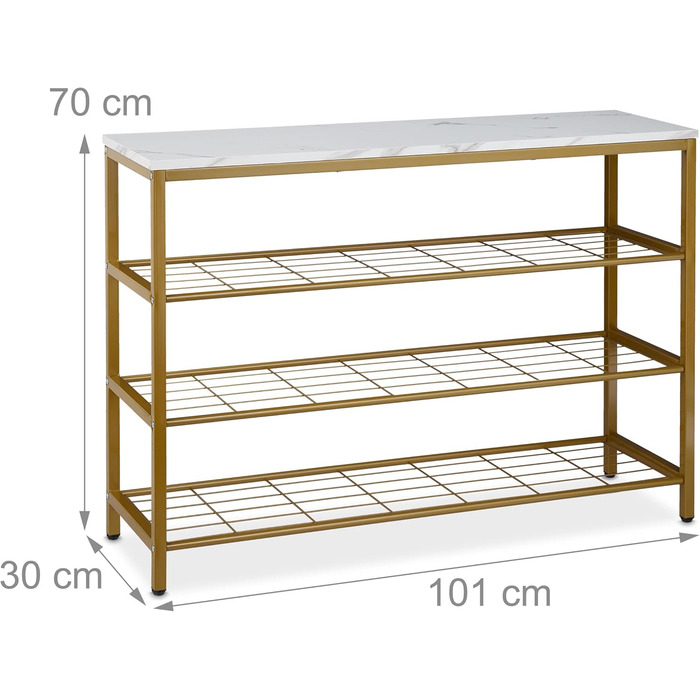 Relaxdays Konsolentisch, Marmoroptik, 70x101x30 cm, Metall & MDF, 4 Ablagen, Gold/weiß