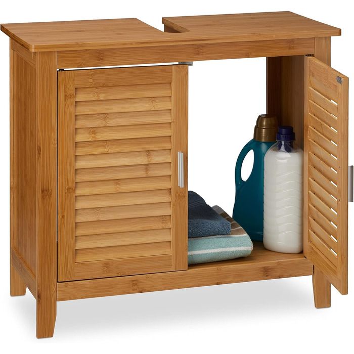 Relaxdays Waschbeckenunterschrank LAMELL, 2 Türen, Bambus & MDF, 60x67x30 cm, natur