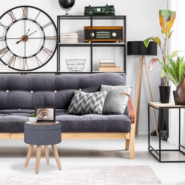 Relaxdays Sitzhocker mit Tischfunktion, Stauraum, 45,5x37 cm, Stoff, Holzbeine, grau/Natur
