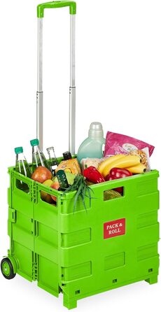Relaxdays Einkaufstrolley, Klapptrolley, 35 kg, Faltbar, Rolltrolley (Grün)