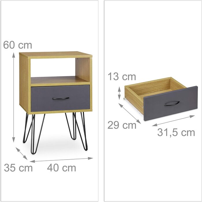 Relaxdays Retro Nachtschrank, Schublade, Holzoptik, Metallbeine, Vintage, 60x40x35 cm, braun