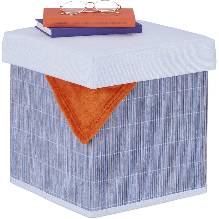 Relaxdays Sitzhocker mit Stauraum, faltbar, 35x35x35 cm, Bambus, Grau/Weiß