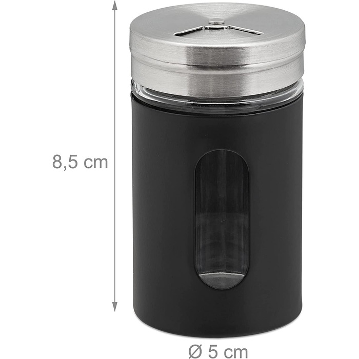 Relaxdays Gewürzstreuer, 12er Set, 3 Streugrade, Gewürze & Kräuter, Gewürzgläser, 90 ml, Glas, Edelstahl, schwarz/Silber