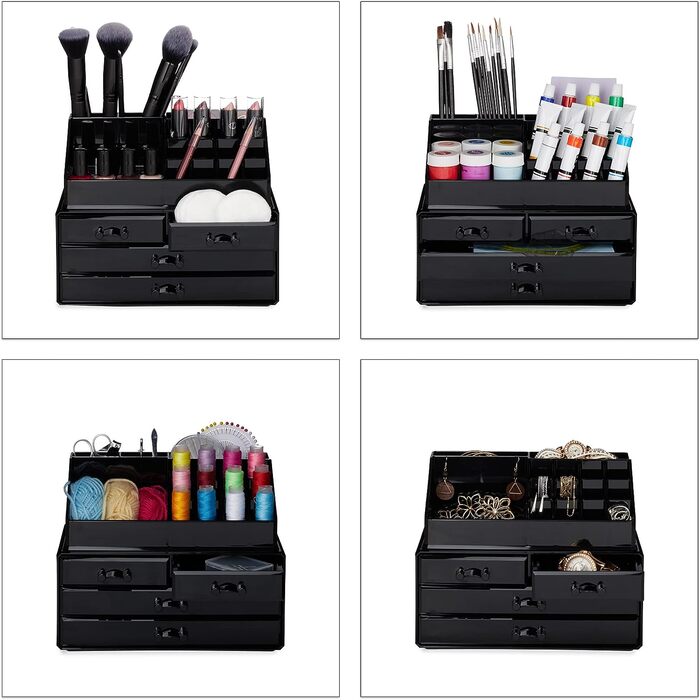 Relaxdays Make Up Organizer Acryl, 2-teilige Schminkaufbewahrung mit Lippenstifthalter und 4 Schubladen, transparent, 19 x 24 x 13.5 cm