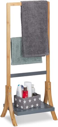 Relaxdays Handtuchständer, 3 Stangen, Ablage, 103x41x28cm, Bambus/MDF, Natur/Grau
