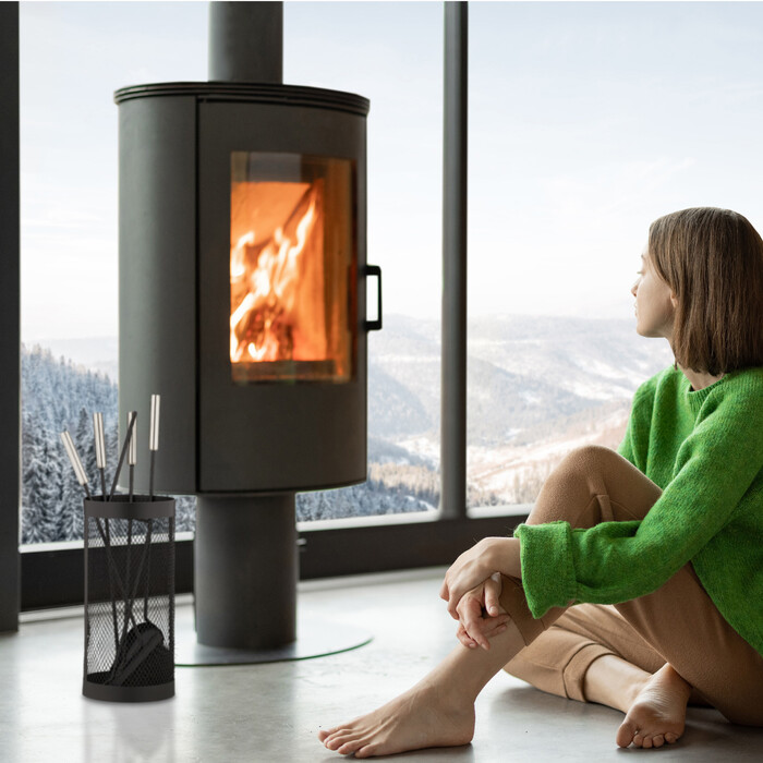Relaxdays 5-teiliges Kaminbesteck im Eimer schwarz