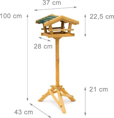 Relaxdays Vogelhaus mit Ständer HBT 100 x 37 x 43 cm Vogelhäuschen aus Holz als Vogelfutterhaus für Zaunkönig und Eichelhäher schicke Vogelfutterstelle und Vogelvilla mit grünem Dach, Natur