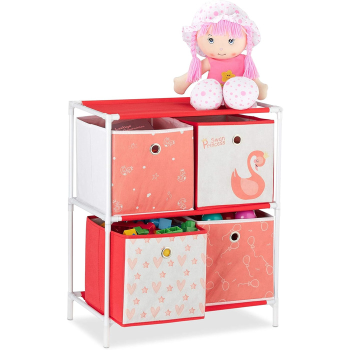 Relaxdays Kinderregal mit 4 Boxen, Spielzeug, Mädchen, Schwan-Design, Regal Kinderzimmer, HBT: 62 x 53 x 30 cm, weiß/rot