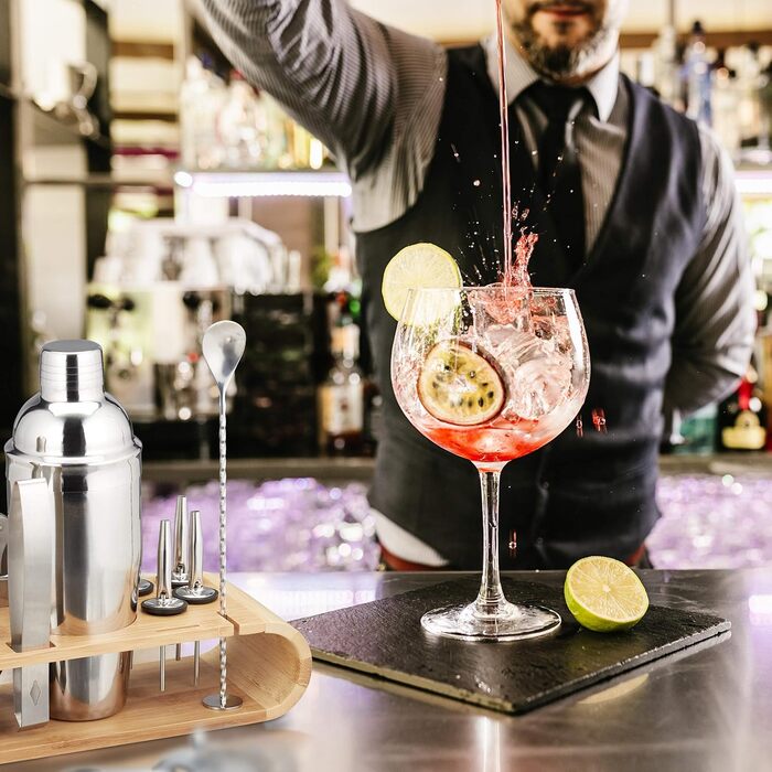Relaxdays 11-tlg. Profi Cocktail Set: Ständer, Shaker, Barmaß, Ausgießer, Eiszange, Edelstahl, silber/natur