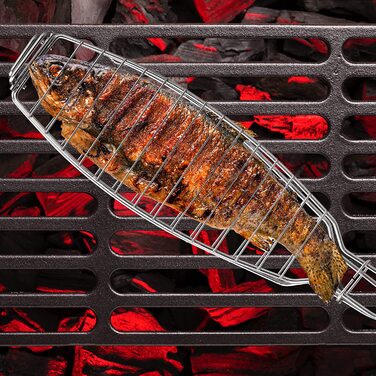 Relaxdays Fischbräter 2er Set, Edelstahl, Gummigriff, 58,5 cm lang, Fischhalter zum Grillen, Grillkorb Fisch, Silber
