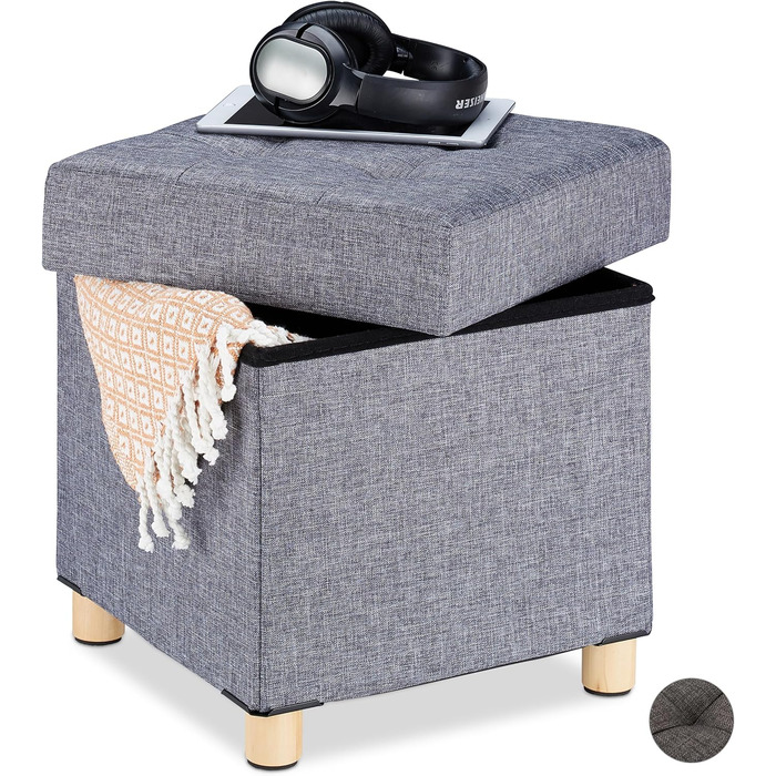 Relaxdays Sitzhocker mit Stauraum, gepolstert, gesteppt, Stoffbezug, 40x38x38 cm, Dunkelgrau