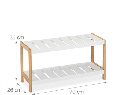 Relaxdays Schuhregal, 2 Ebenen, für 6 Paar Schuhe, offen, Schuhständer HBT: 36 x 70 x 26 cm, MDF, Bambus, Weiß, Hellbraun