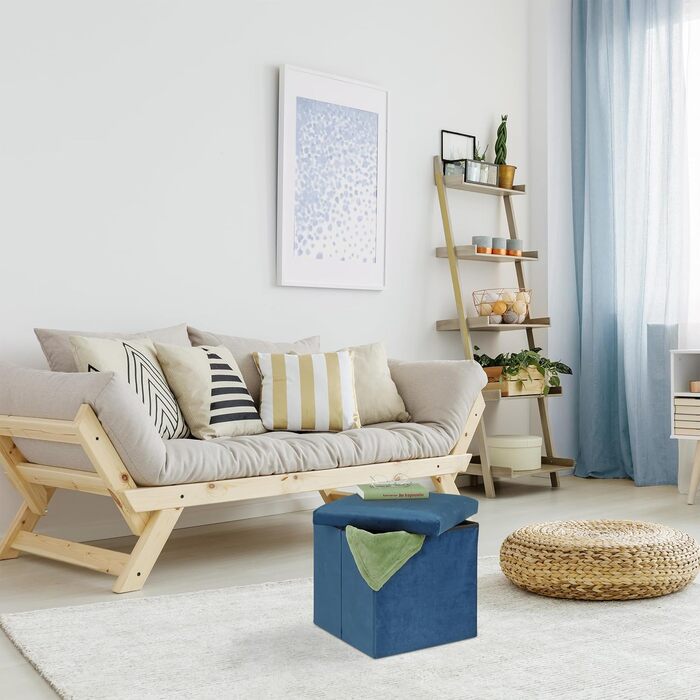 Relaxdays Sitzhocker, faltbar, 38x38x38 cm, Stauraum, MDF & Samt, blau