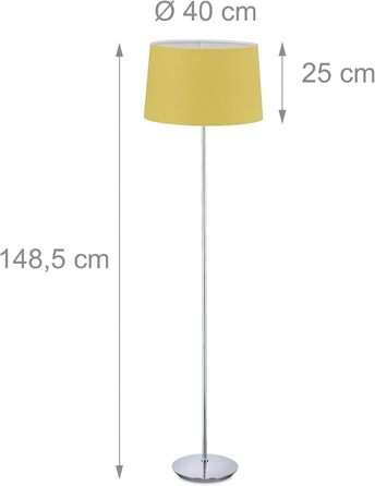 Relaxdays Stehlampe, Stoffschirm, chrom Fuß, E27, Ø 40 cm, 148,5 cm hoch, Gelb