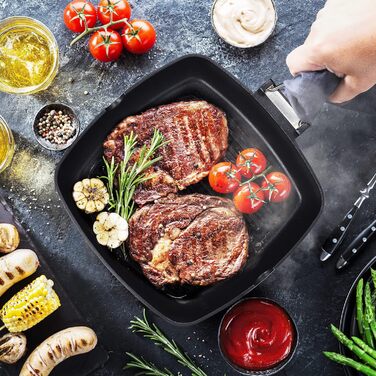Relaxdays Grillpfanne, abnehmbarer Holzgriff, antihaftbeschichtet, BBQ Bratpfanne mit Rillen, Aluminium, schwarz, 5.5 x 51 x