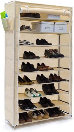 Relaxdays Schuhschrank VALENTIN 161x88x30cm, Stoffbezug, 10 Ablagen, staubfreie Lagerung, 45 Paar Schuhe, beige