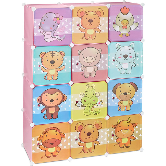 Relaxdays,  Steckregal Kinderzimmer, Tiermotive, Jungen, Türen, Kleiderstangen, Kunststoff Kleiderschrank, 145x110cm, 60%, Standard (Rosa)