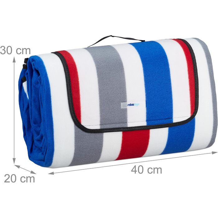 Relaxdays XXL Picknickdecke, 200x300 cm, weich, wasserdichte Unterseite, Tragegriff, gestreifte Fleece Stranddecke, bunt