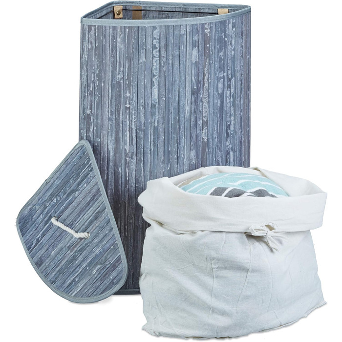 Relaxdays Eckwäschekorb, faltbar, 60 l, Baumwolle, HBT 65x49,5x37 cm, Grau, Bambusdeckel abnehmbar