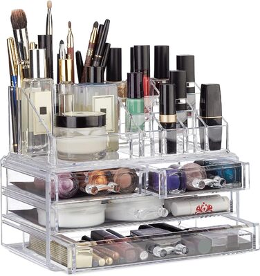 Relaxdays Make Up Organizer Acryl, 2-teilige Schminkaufbewahrung mit Lippenstifthalter und 4 Schubladen, transparent, 19 x 24 x 13.5 cm